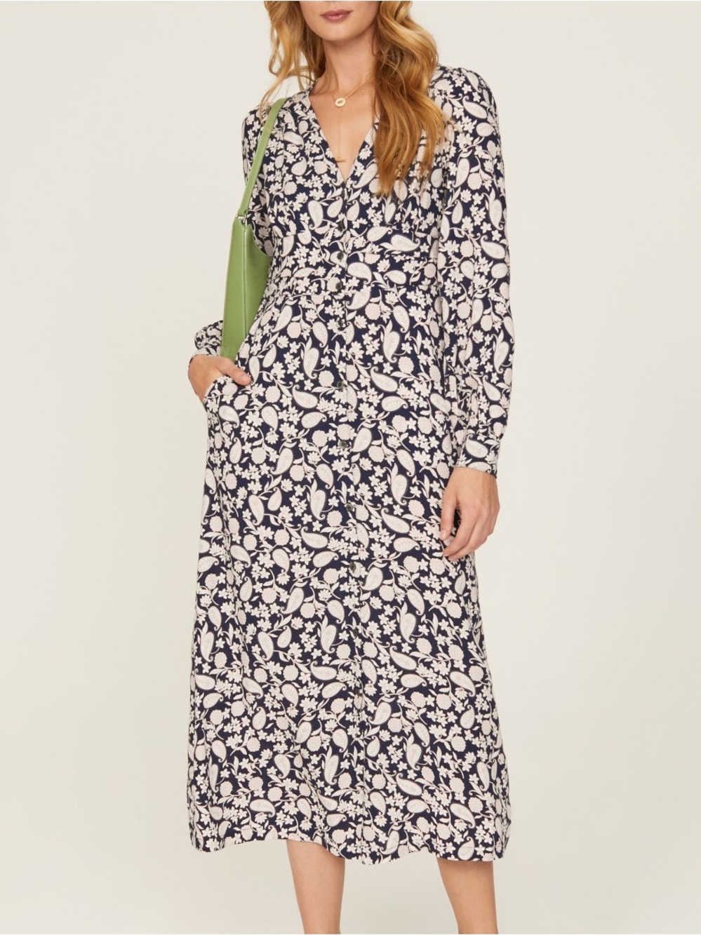 Boden Navy Paisley Floral Buttondown Long Sleeve V-Neck Midi Dress Size 4
